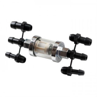 Benzinfilter 1/4" 5/16" 3/8", rund, chrom/glas, Ø=26mm, Gesamtlänge: 64mm, Anschlüsse 6,5/8/10mm, 292065