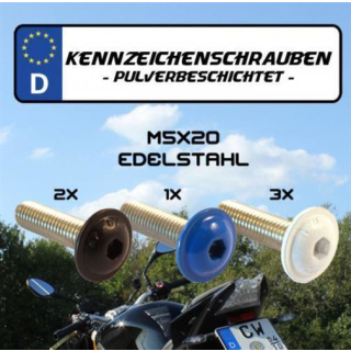 Nummernschildschrauben Set M5x20 1 Set= 6 Stück Typ1: mit Flansch 1x blau 3x weiss 2x schwarz 390541