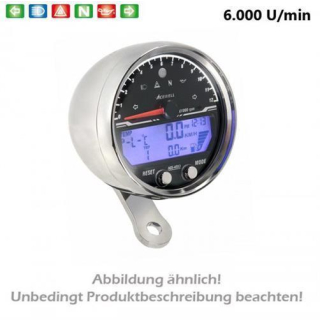 Acewell Digitalinstrument alu chrom Tachometer Tacho Drehzahlmesser 6000 RPM Uhr Tankanzeige ACE 4353AC