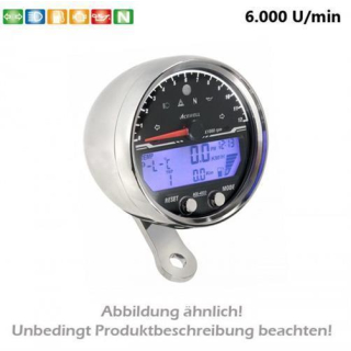 Acewell Digitalinstrument alu chrom Tachometer Tacho Drehzahlmesser 6000 RPM Uhr Tankanzeige ACE 4367AC
