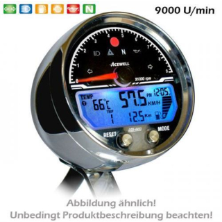 Acewell Digitalinstrument alu chrom Tachometer Tacho Drehzahlmesser 9000 RPM Uhr Tankanzeige ACE 4467AC