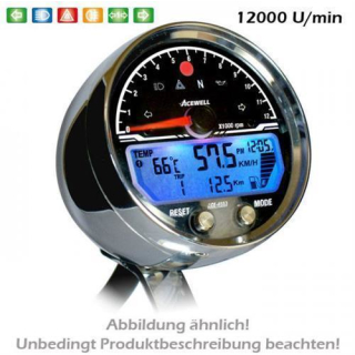 Acewell Digitalinstrument alu chrom Tachometer Tacho Drehzahlmesser 12000 RPM Uhr Tankanzeige ACE 4555AC