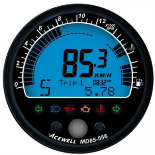 Acewell Digitalinstrument schwarz Tacho Drehzahlmesser Temp. Tankanzeige Kontr. Laptimer ACE MD085 254AS