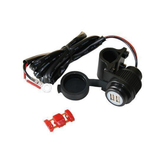 2-fach USB Steckdose beleuchtet, mit Staubkappe und Halter für 22mm (7/8 Zoll) und 25,4 mm (1 Zoll) Rohre, 12V DC. Zum Laden div. Geräte über USB Anschluss mit 5V, max. 2000 mA., 300-305