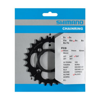 SHIMANO Kettenblätter ACERA FC-M391, 26 Zähne, 64 mm, Schwarz, Stahl, für 48-36-26 Zähne Y-1PN98030