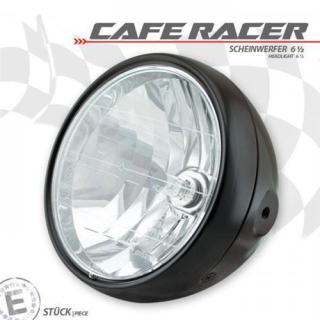 Scheinwerfer 6-1/2 "CafeRacer", Klarglas, schwarz, H4, Prismenreflektor, M8 seitlich, E-geprüft, 271185