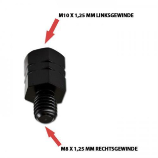Spiegeladapter M10 x 1.25 mm Linksgewinde in / M8 x 1.25 mm Rechtsgewinde out, schwarz, Maße 25x13mm, 282367